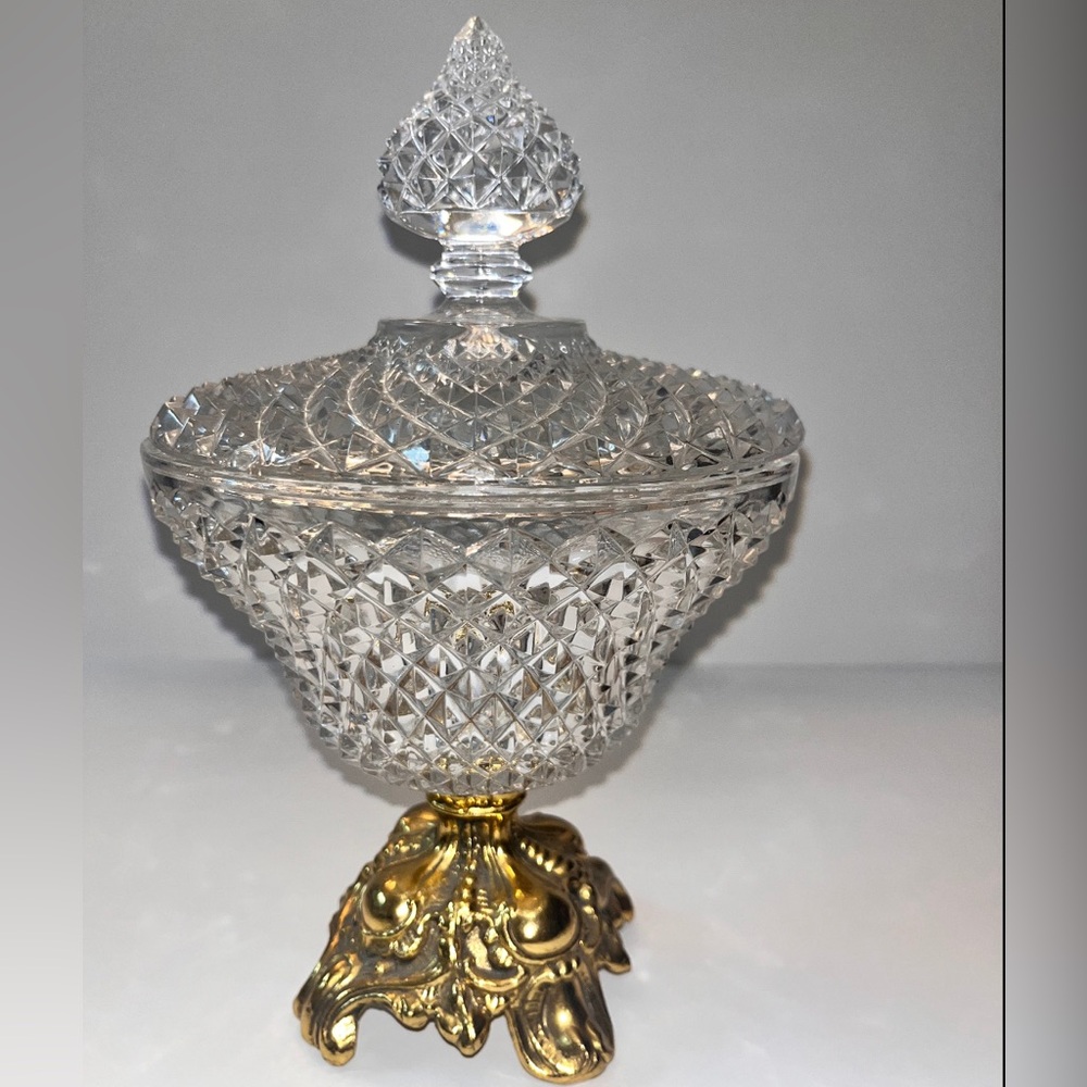 Vintage Mid-Century Hollywood Regency Brass and Crystal Compote/ Candy Dish.